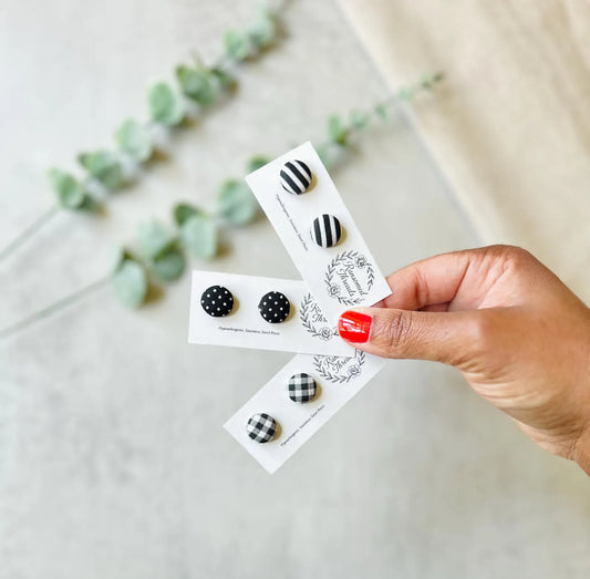 Black and White Fabric Button Earrings
