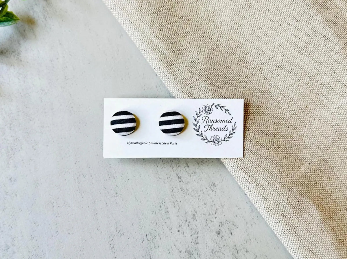Black and White Fabric Button Earrings