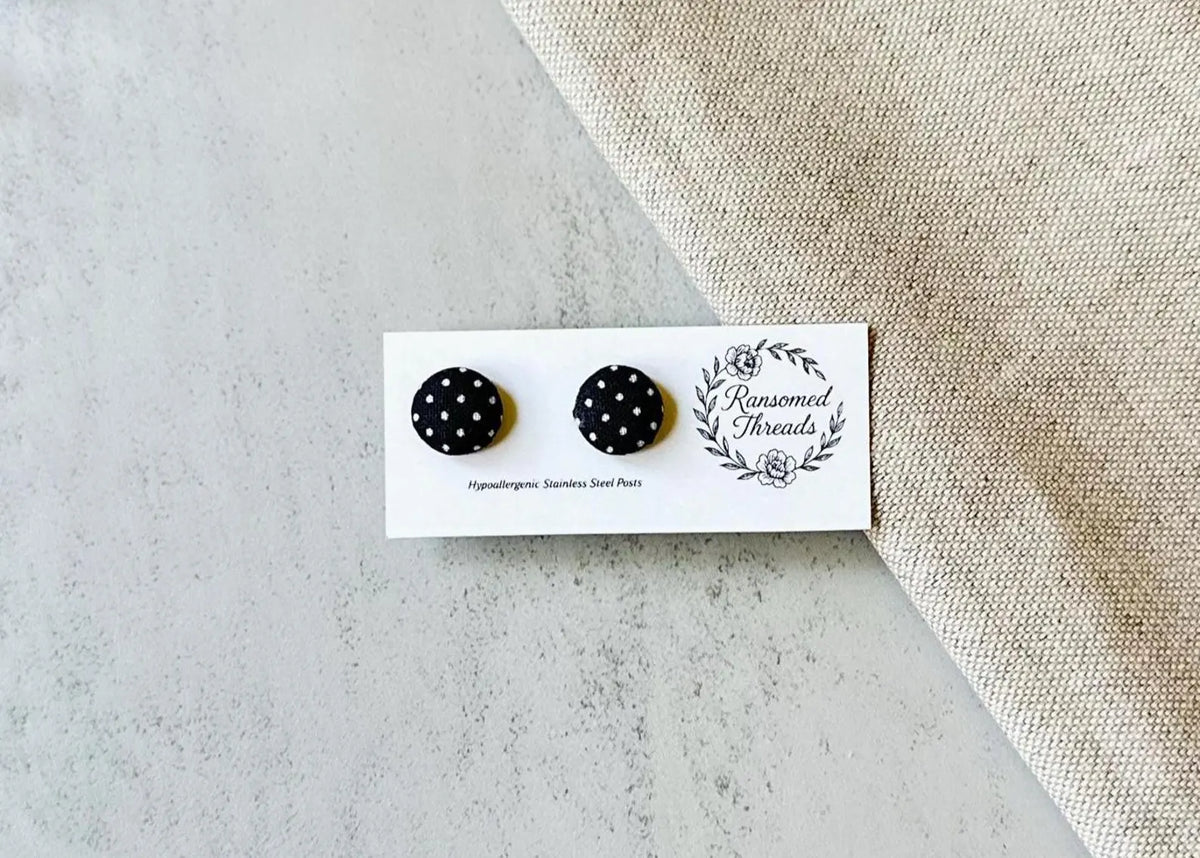 Black and White Fabric Button Earrings