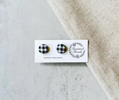 Black and White Fabric Button Earrings