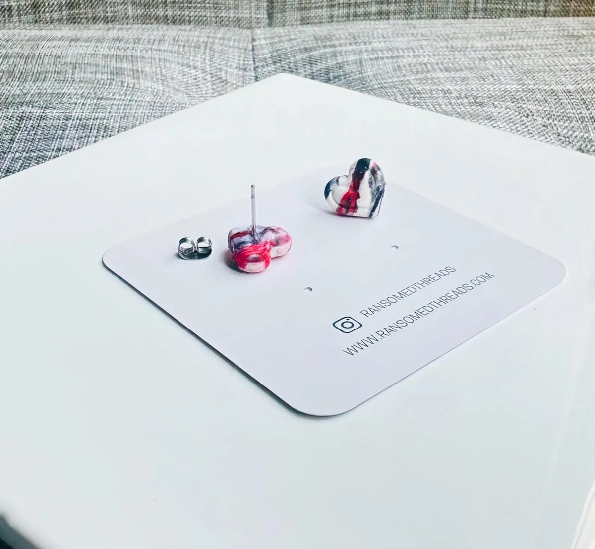 Red Black Granite Pattern Stud Earrings